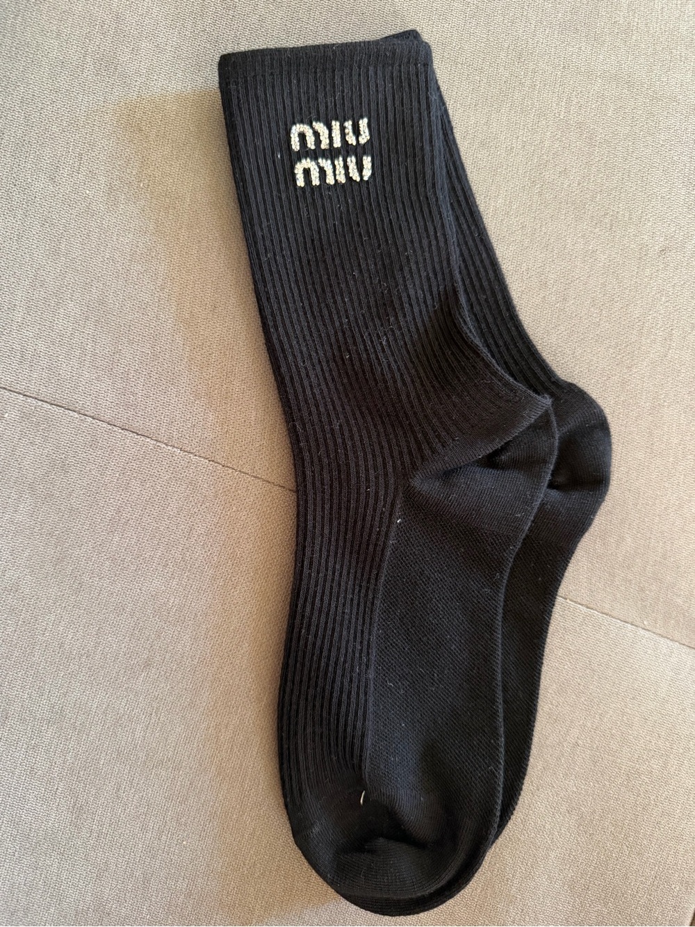 Miu Miu Black Ribbed Logo Crew Socks with White Accent